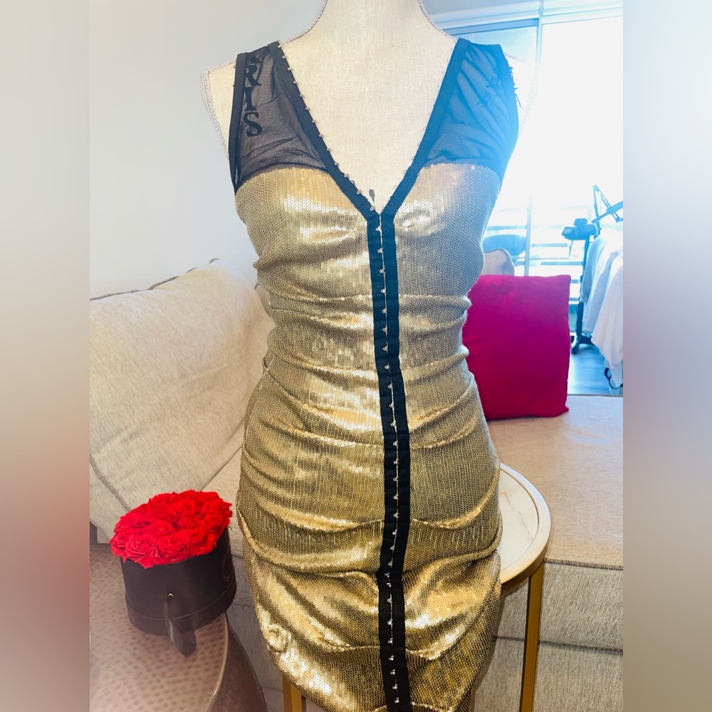 Super hot gold sequence dress with hook eye details worn once